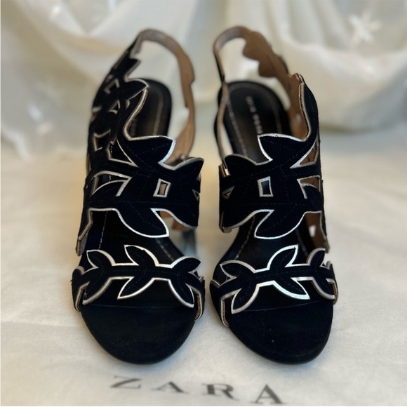 Zara 100% leather Cut Out Leaf Heels Sandals - Picture 2 of 8
